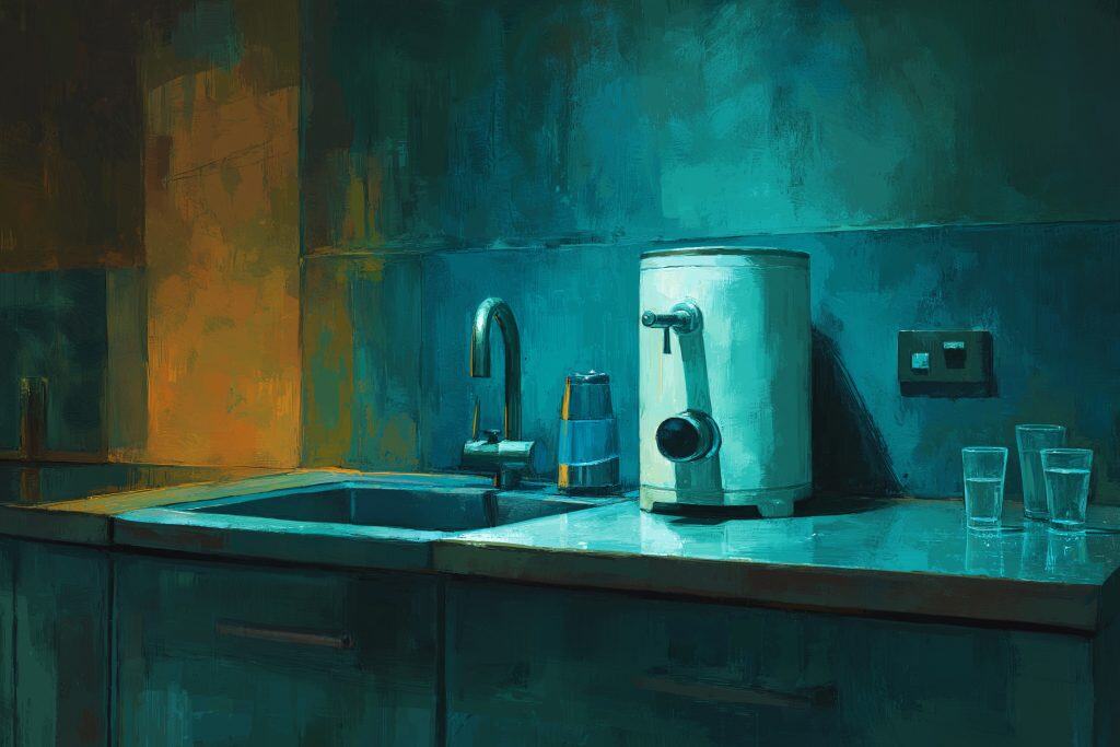 Illustration of a countertop reverse osmosis unit on a kitchen counter beside the sink, with glasses of filtered water